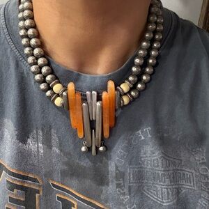 Silver and Orange Beaded Necklace